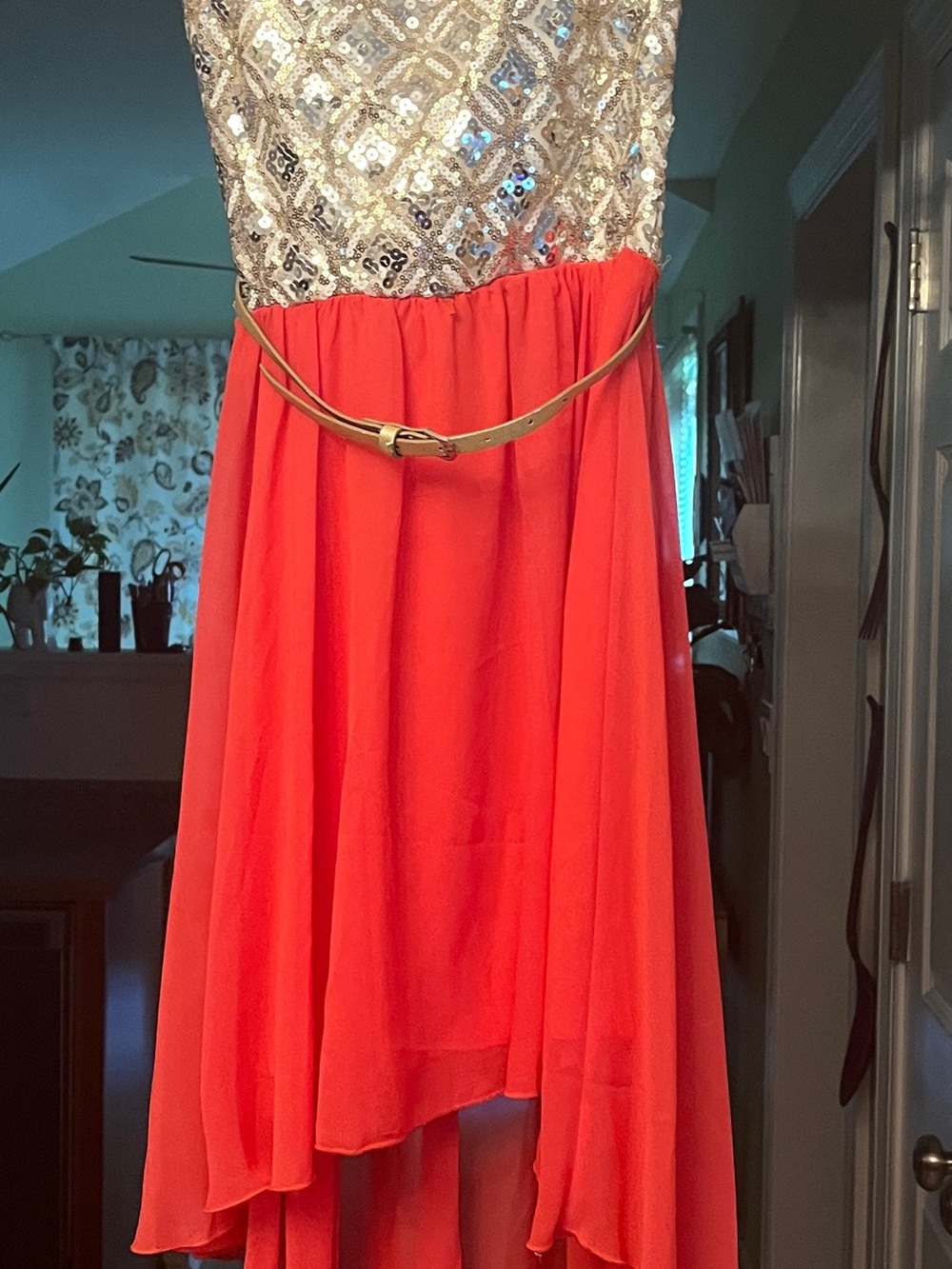 Sequin Bodice Coral High-Low Dress